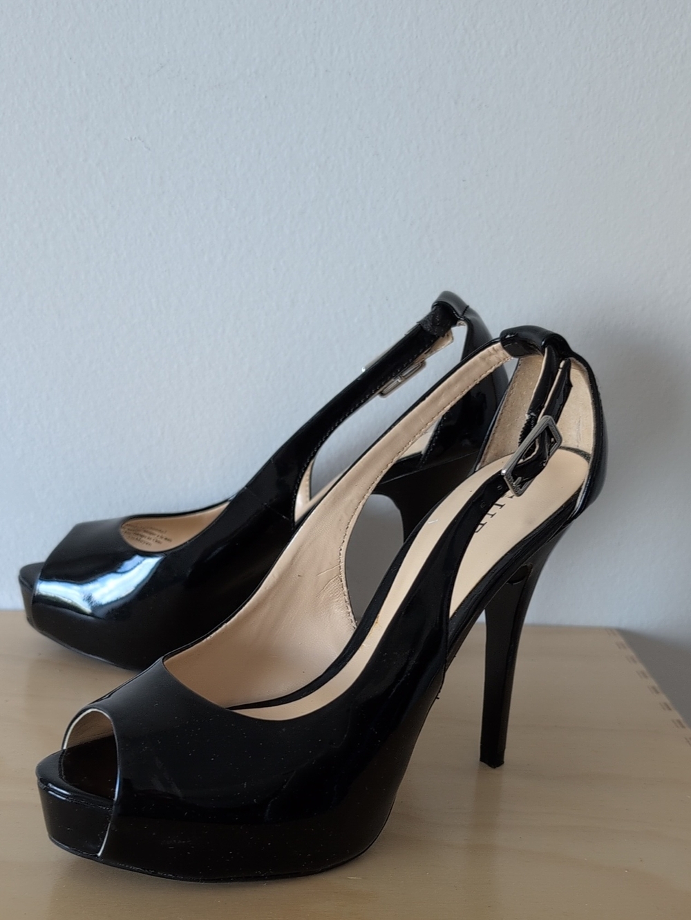 Guess Black Patent Peep-Toe Slingback Platform Pumps